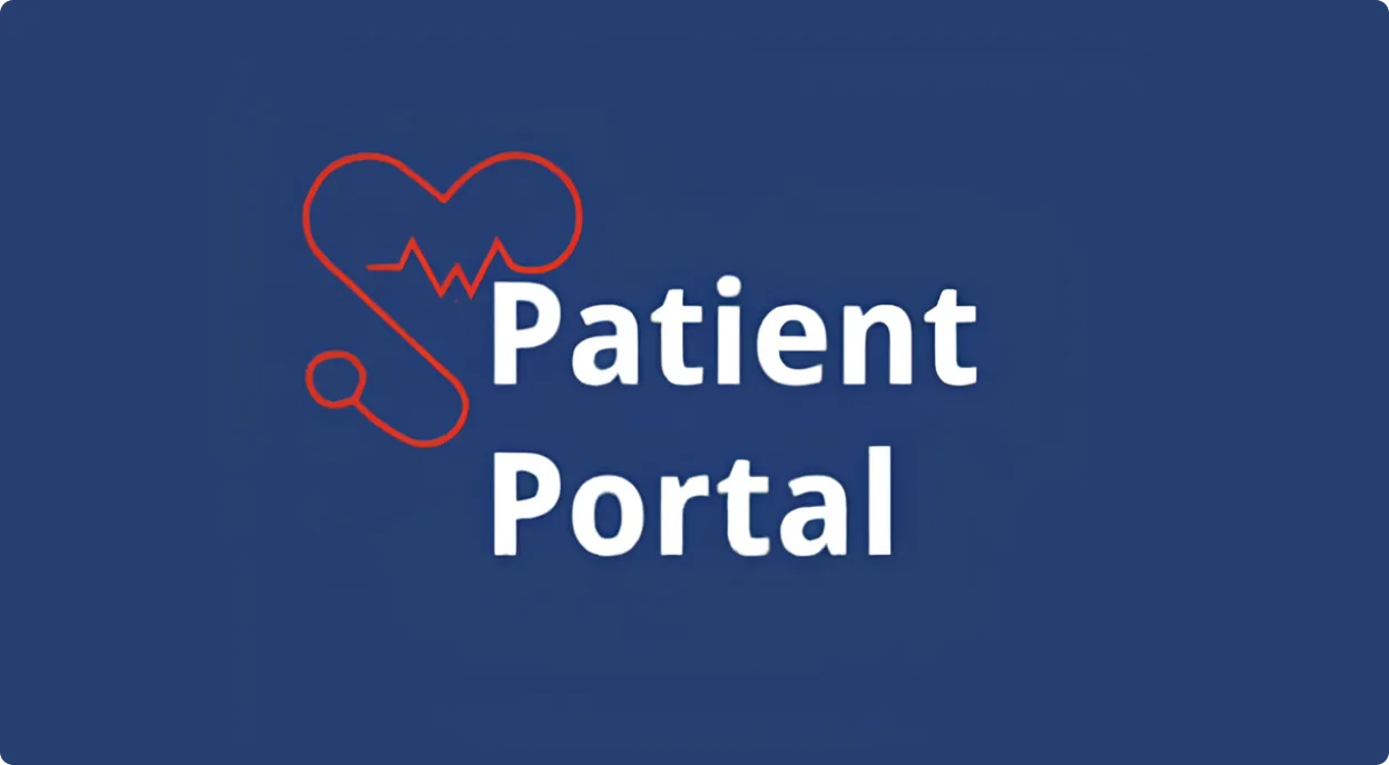 Text Patient Portal with red stethoscope shaped like a heart and heartbeat on a blue background.