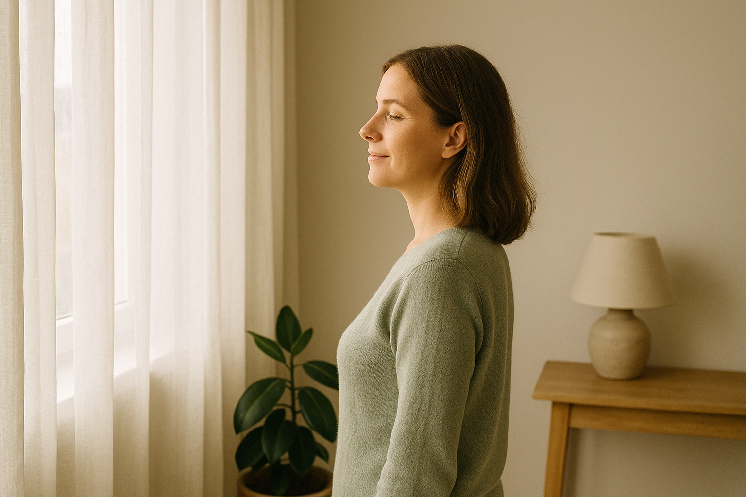 Femme debout de profil, yeux fermés, respirant calmement devant une fenître, intérieur lumineux avec plante et lampe aux tons