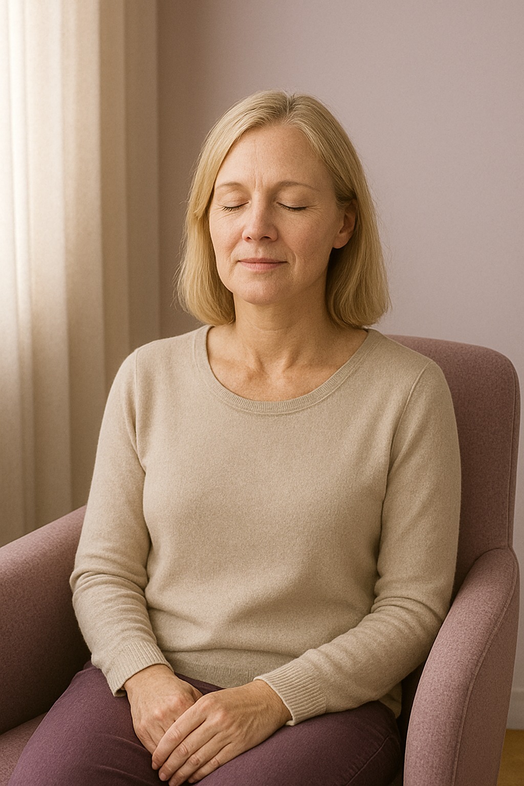 Femme assise sur un fauteuil rose poudré, les yeux fermés et visage apaisé, dans un intérieur chaleureux et agréable