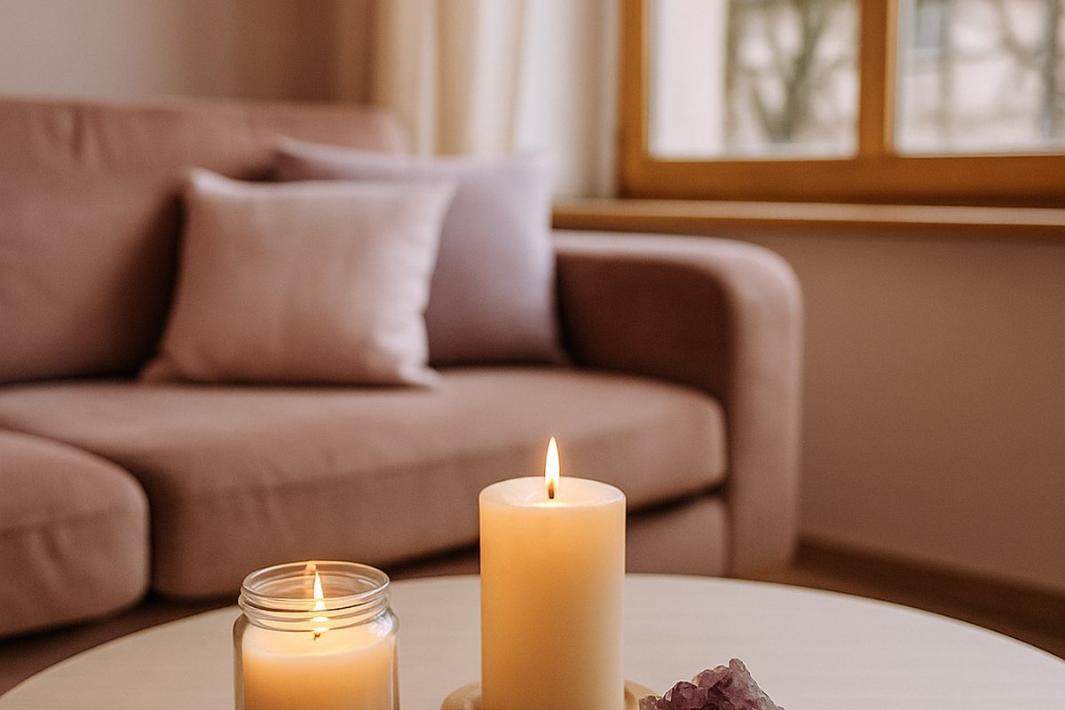 Intérieur pastel décoré de bougies et de cristaux, lumière chaude et atmosphère douce évoquant un espace de Reiki et de déten