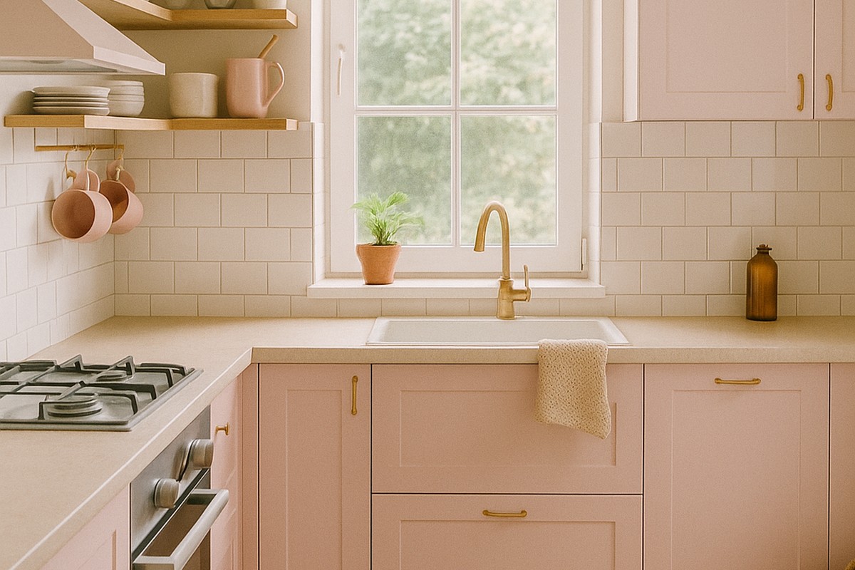 Petite cuisine pastel rose et lavande bien organisée, étagères ouvertes avec bocaux et paniers ; ambiance lumineuse et cosy.