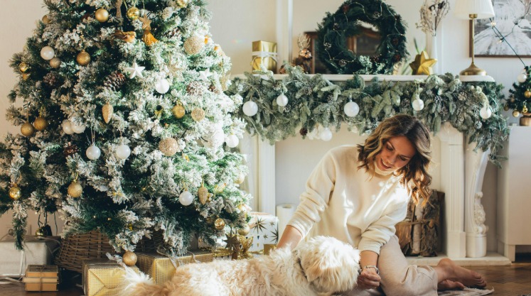femme souriante assise près d’un sapin décoré caresse un chien dans un salon cosy au charme de Noël, symbolisant la chaleur
