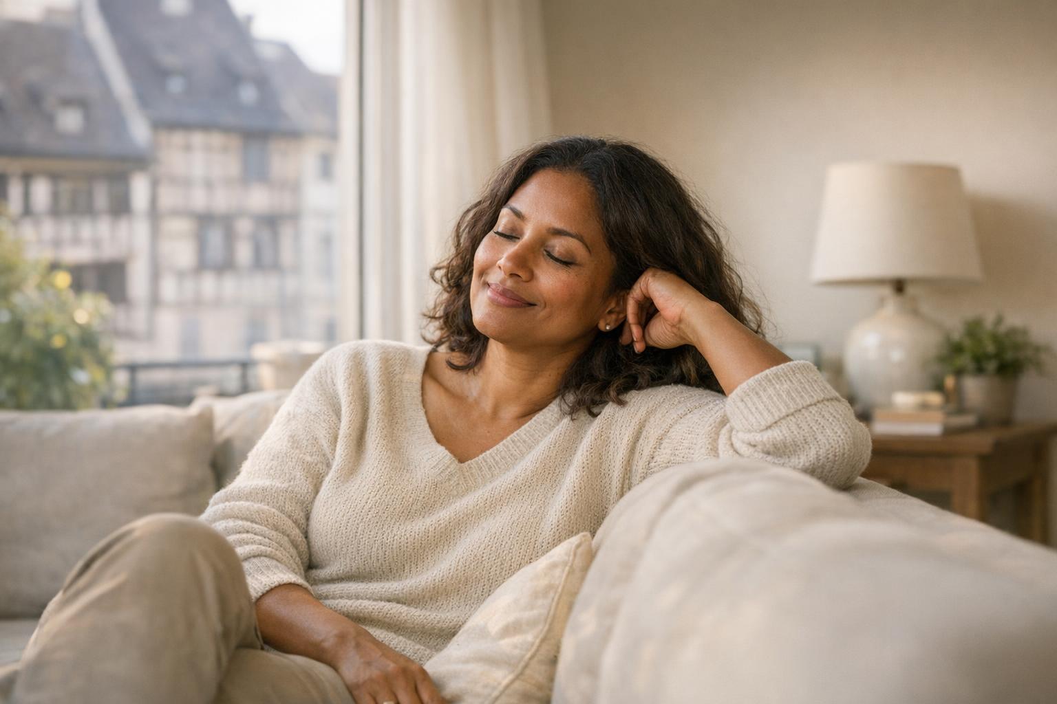 Femme souriante et détendue chez elle à Strasbourg, les yeux fermés, dans une posture de sophrologie apaisée