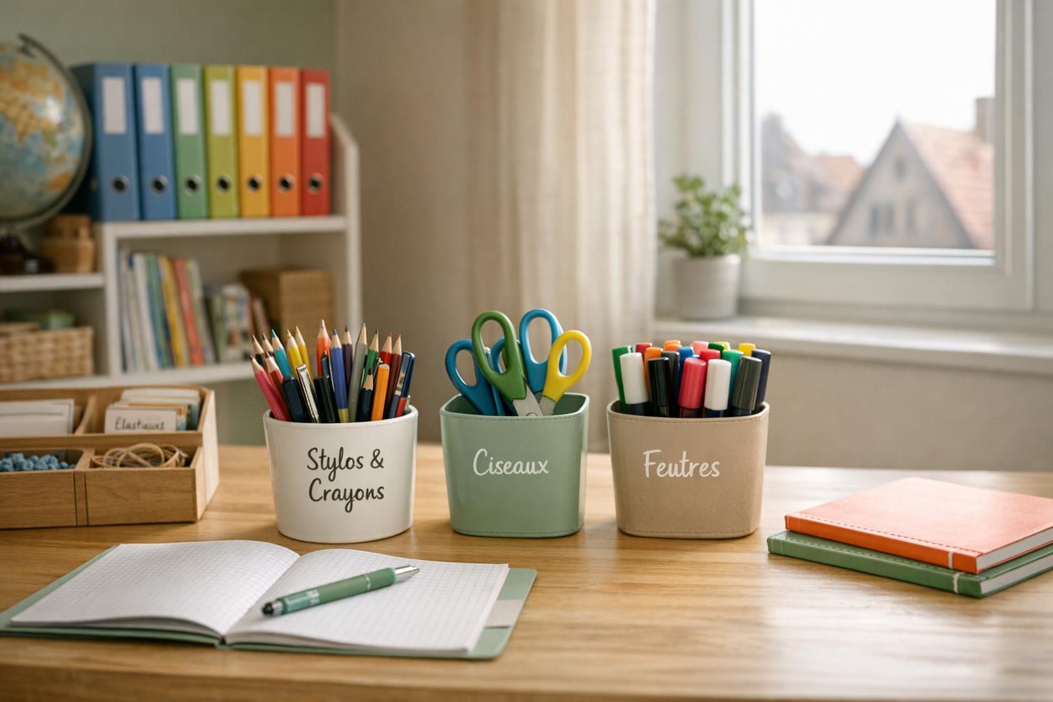 Rangement de fournitures scolaires par catégories pour la rentrée, home organising à Strasbourg