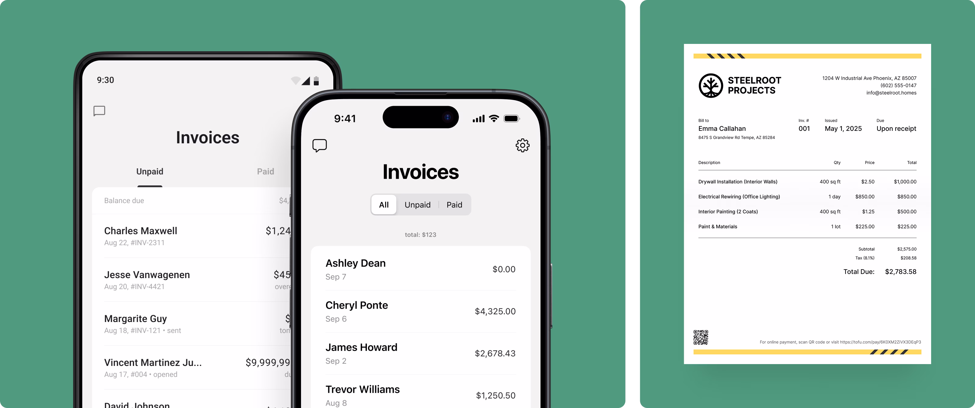 iOS and Android app and invoice in PDF format