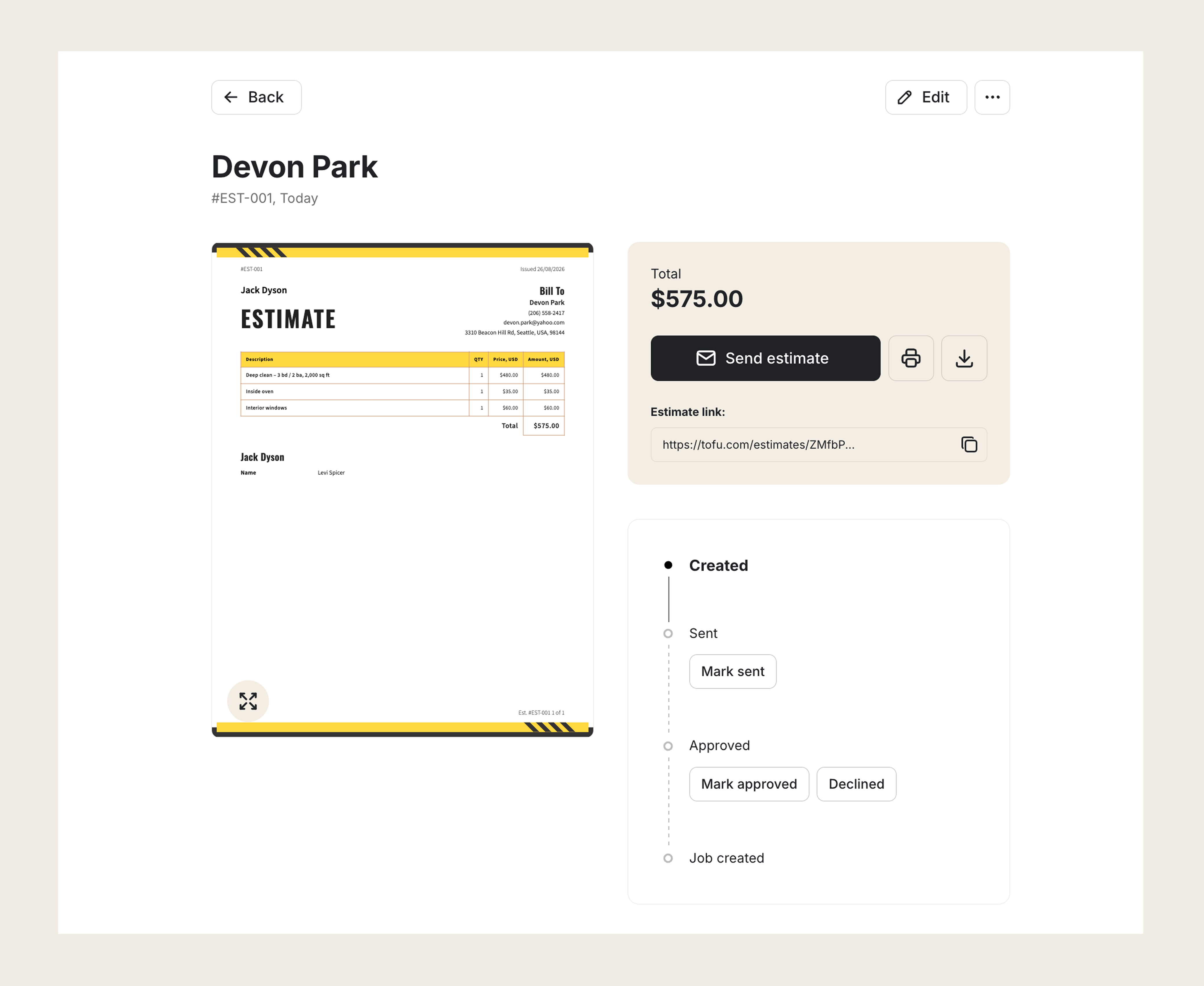 Cleaning job estimate in the Tofu app with line items for a deep clean, inside oven, and interior windows