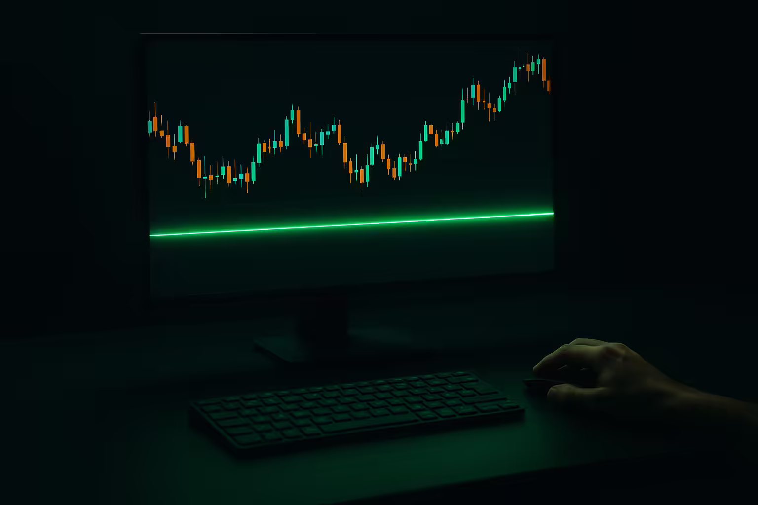 Dark trading desk with glowing green drawdown threshold line on monitor representing the 1 percent rule applied to prop firm drawdown buffer