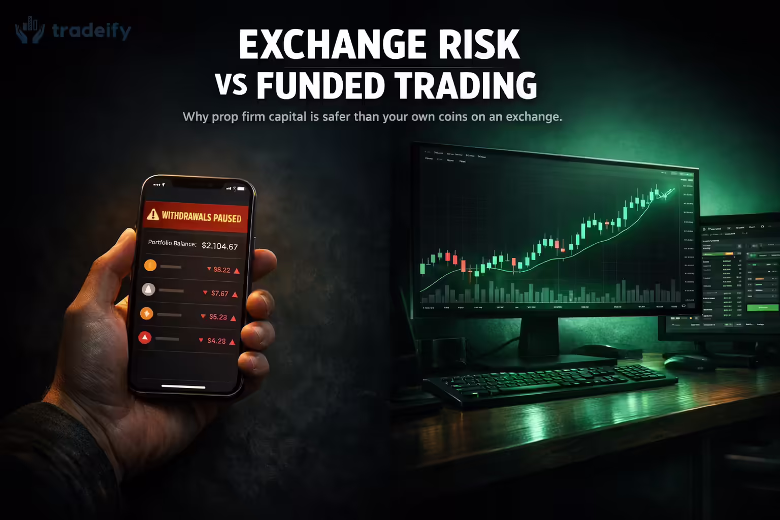 Exchange risk vs funded trading header image showing frozen crypto exchange app and professional trading desk setup