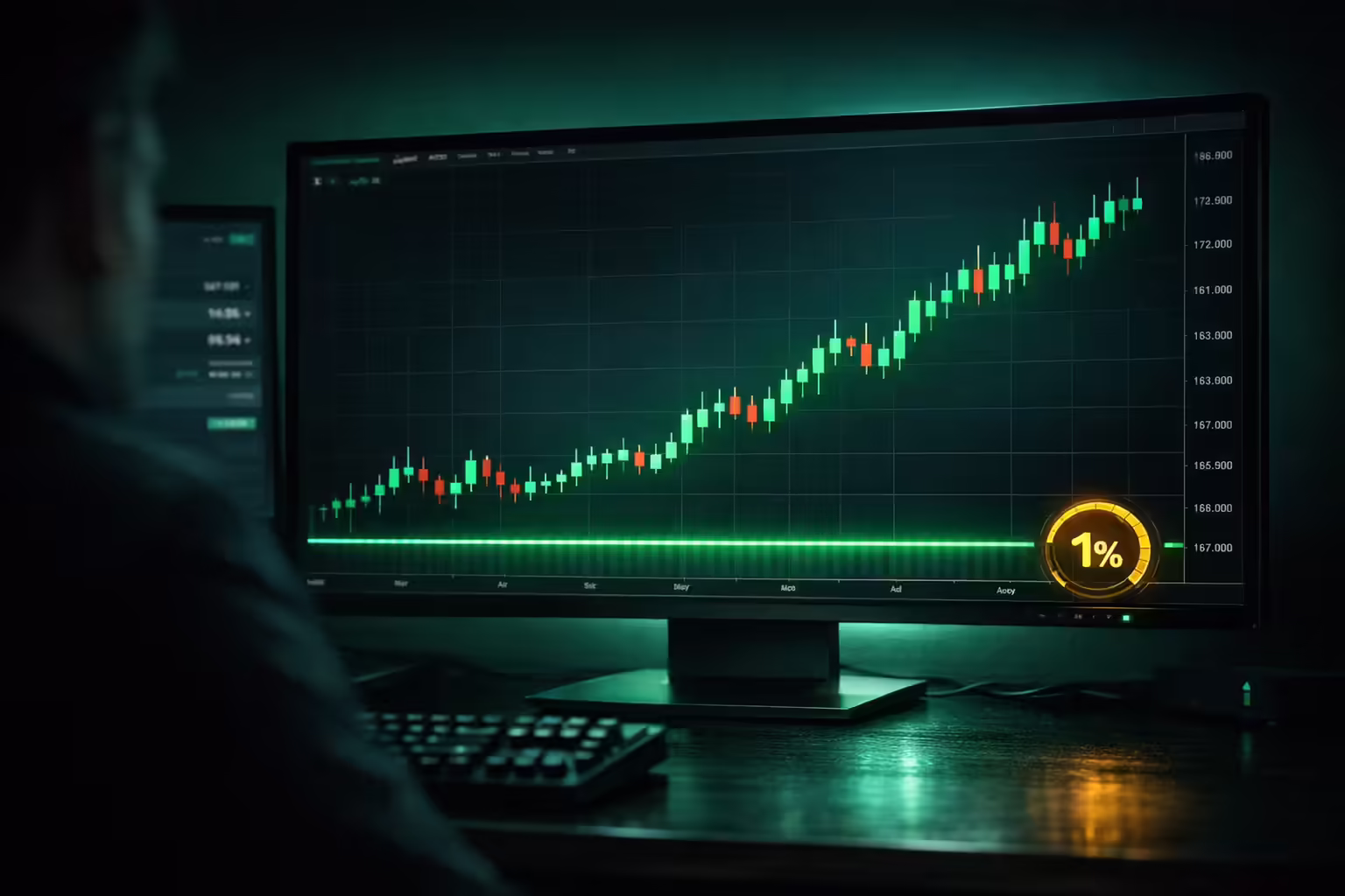 Professional trading monitor showing prop firm risk management guardrails with drawdown floor and one percent risk indicator