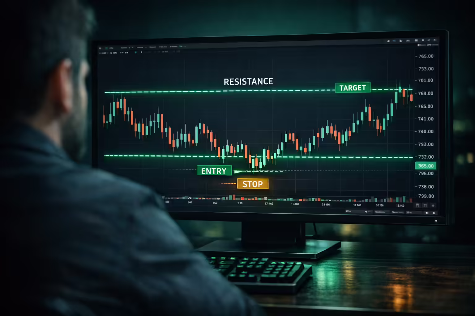 Professional trader monitor showing an annotated range trade with support, resistance, entry, target, and stop-loss markers