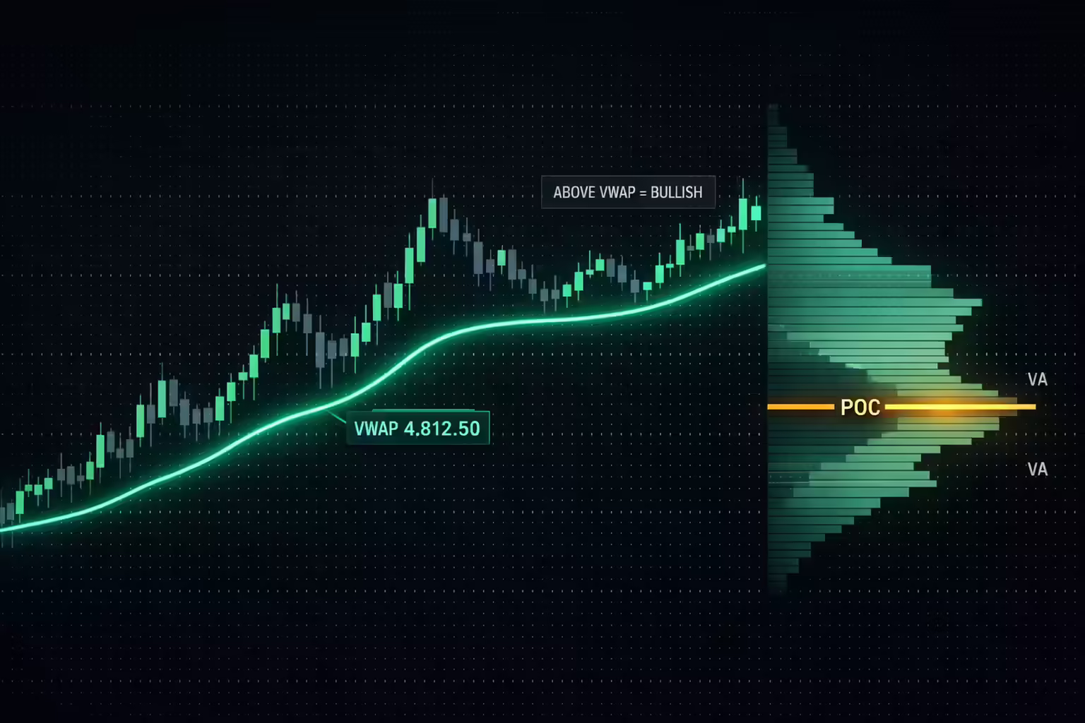 VWAP line running through candlestick chart with Market Profile distribution showing Point of Control and Value Area