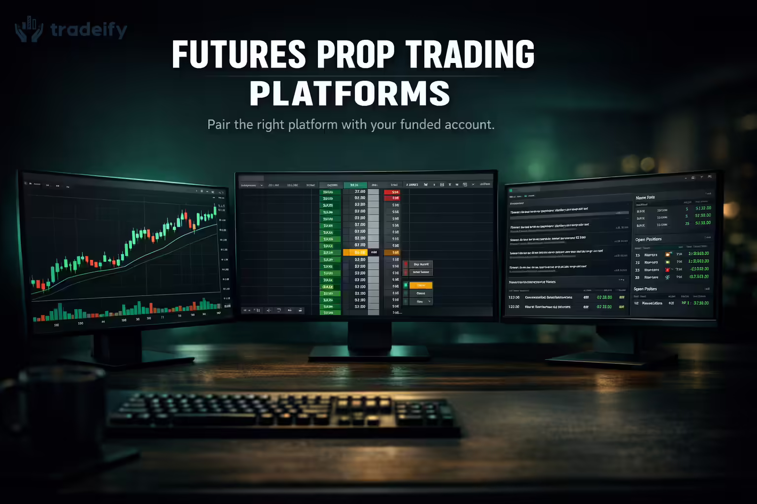 Futures prop trading platforms header showing a multi-monitor workstation with charting, order ladder, and news dashboard screens