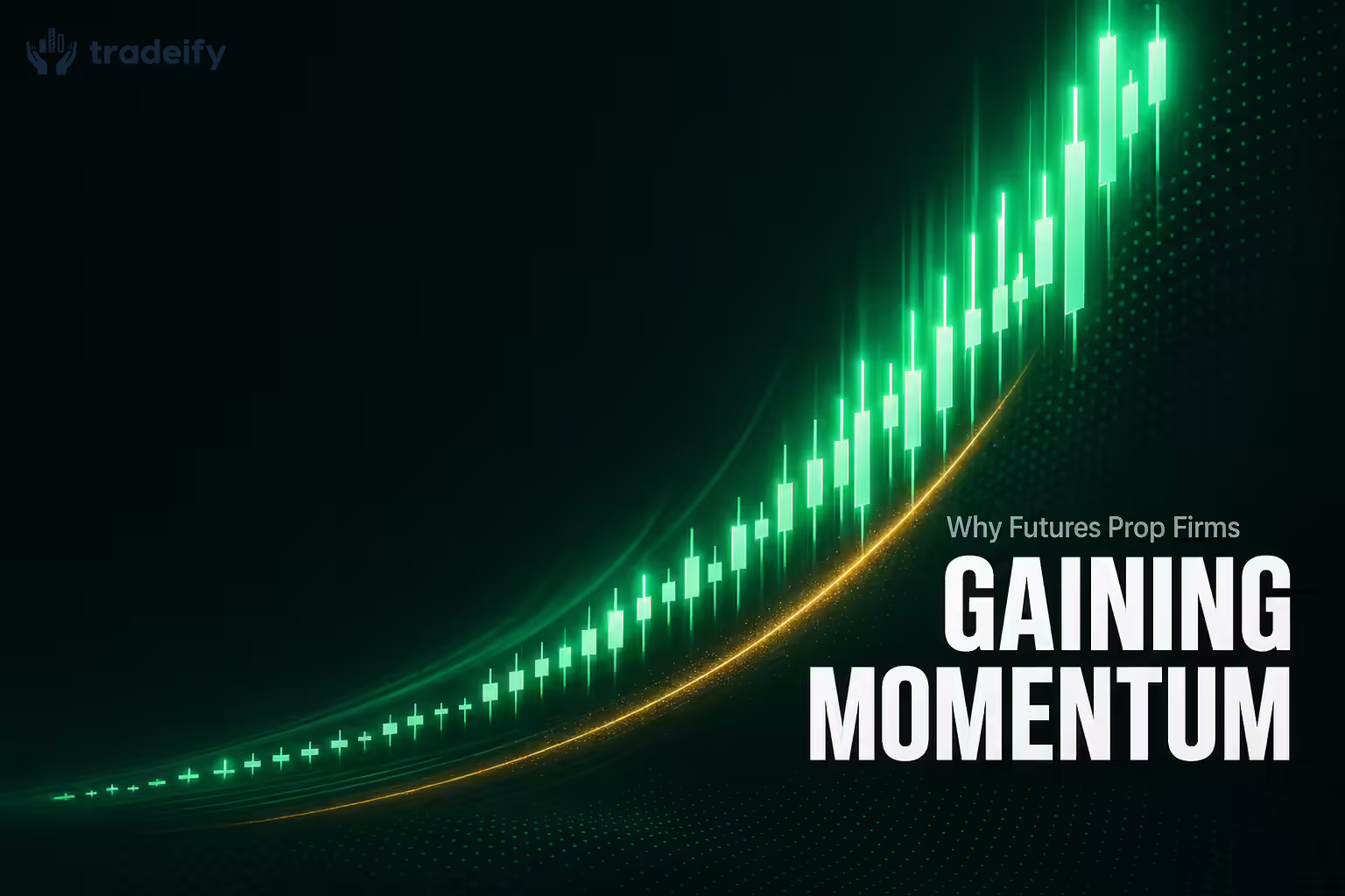 A glowing mint-green wave of rising candlesticks accelerating upward, representing the gathering momentum behind futures prop firms.