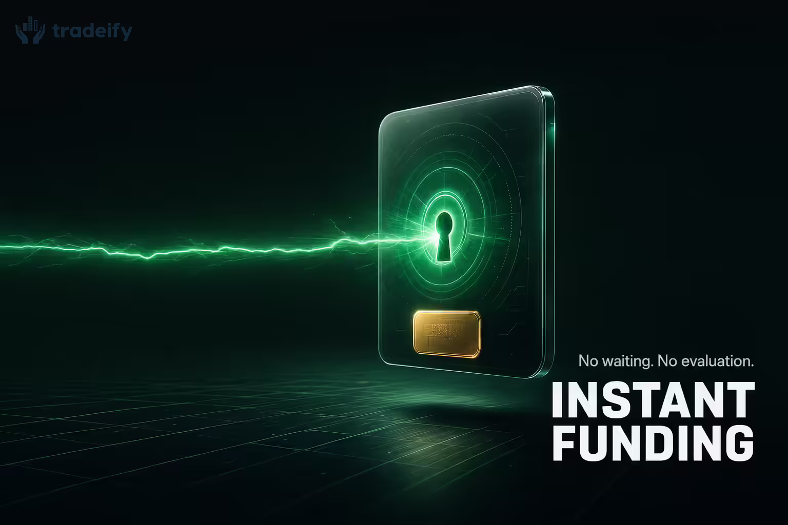A lightning beam unlocking a glowing semi-3D account chip, illustrating instant access to trading capital.