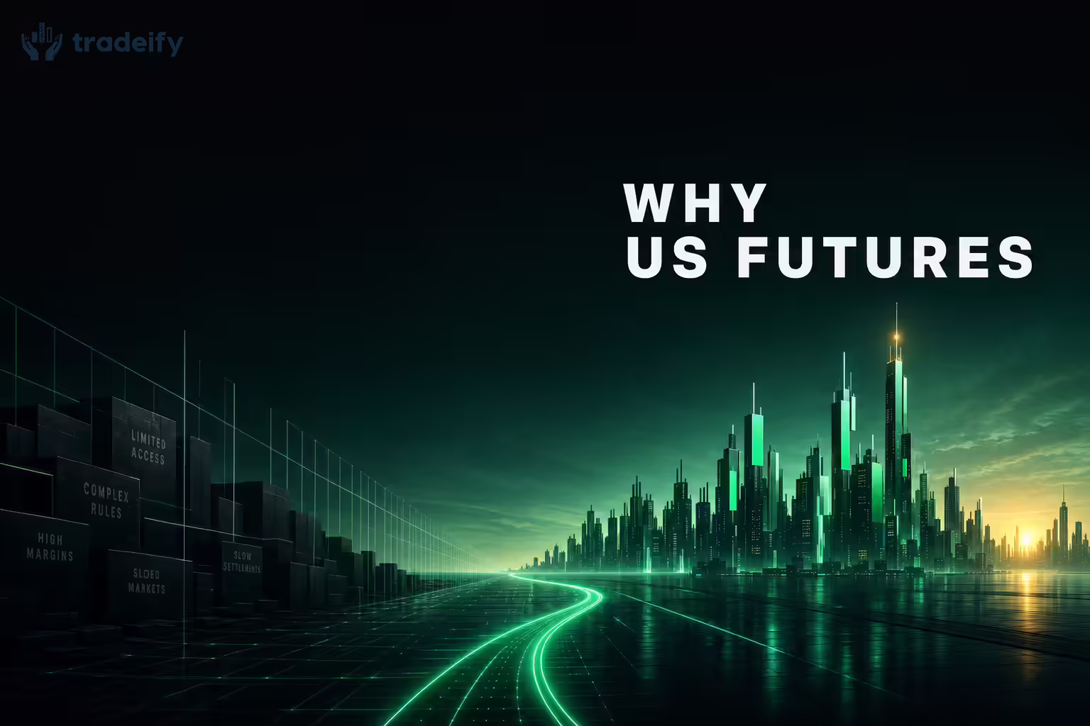 A dark-mode horizon scene showing a constrained corridor opening toward an aspirational futures-trading skyline at dusk