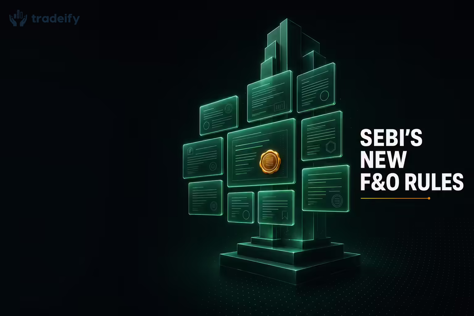 An isometric grid of glowing mint-green rule plaques representing SEBI