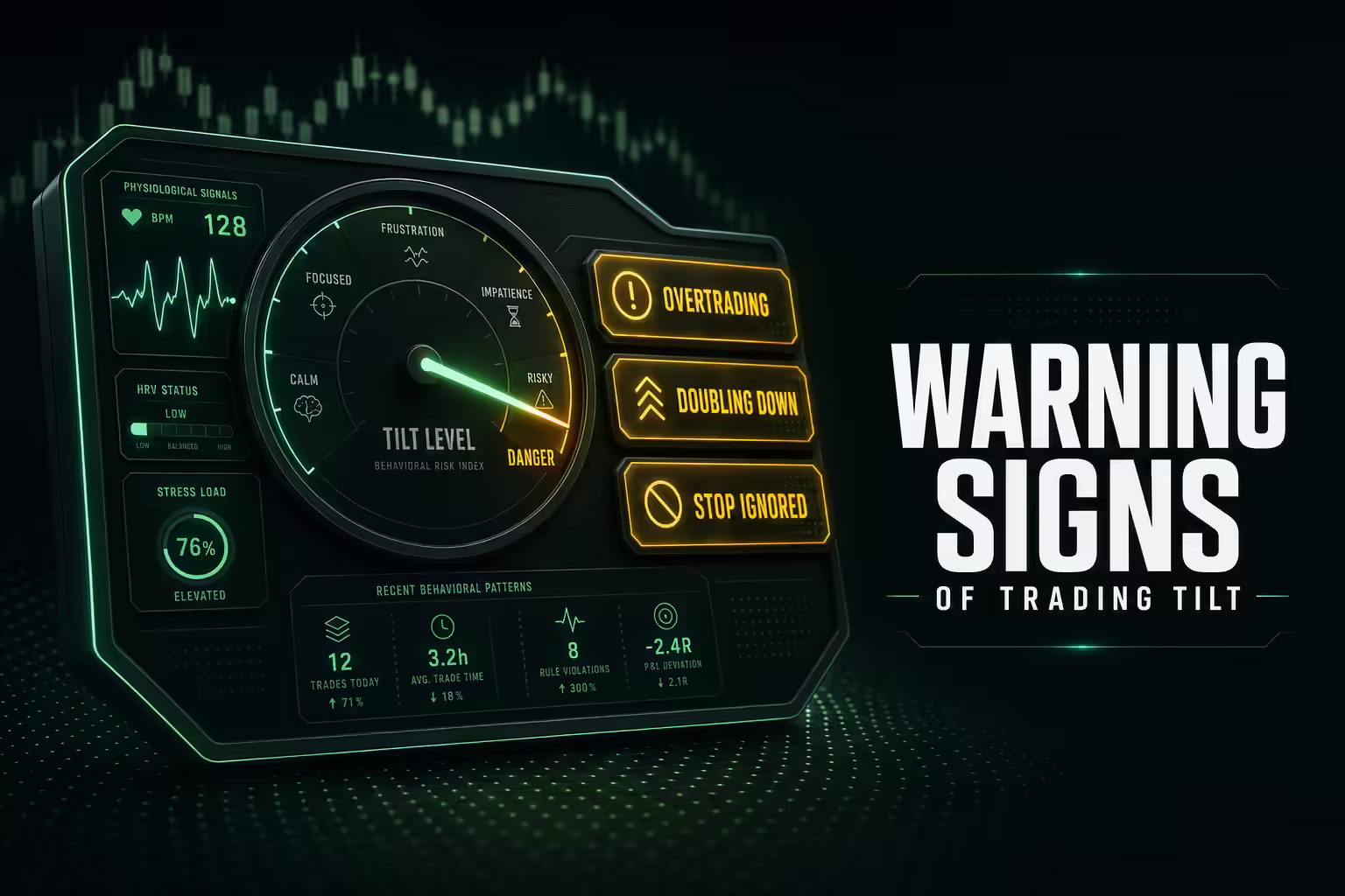 A glowing mint-green tilt-warning gauge with its needle pushed into an amber danger zone, surrounded by alert chips for overtrading, doubling down, and ignored stops, illustrating the early behavioral red flags of trading tilt.
