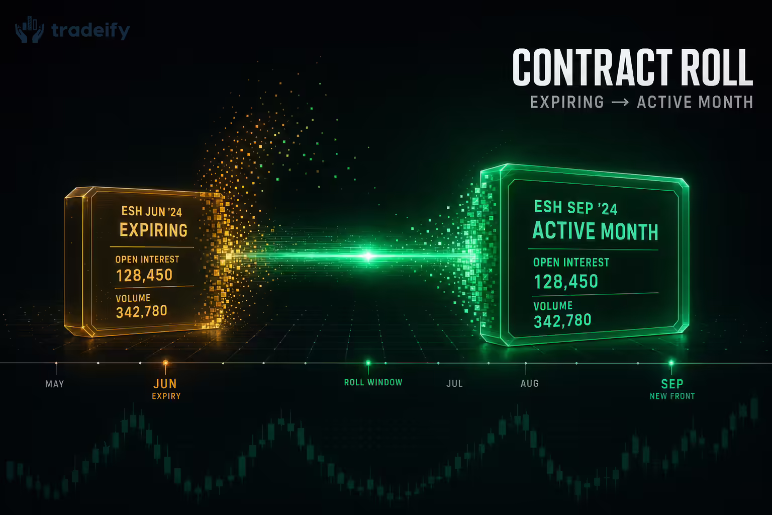 A glowing mint-green futures contract block dissolving into particles that reform into a brighter next-month contract block, illustrating the lifecycle handoff and migration of open interest during contract expiration.