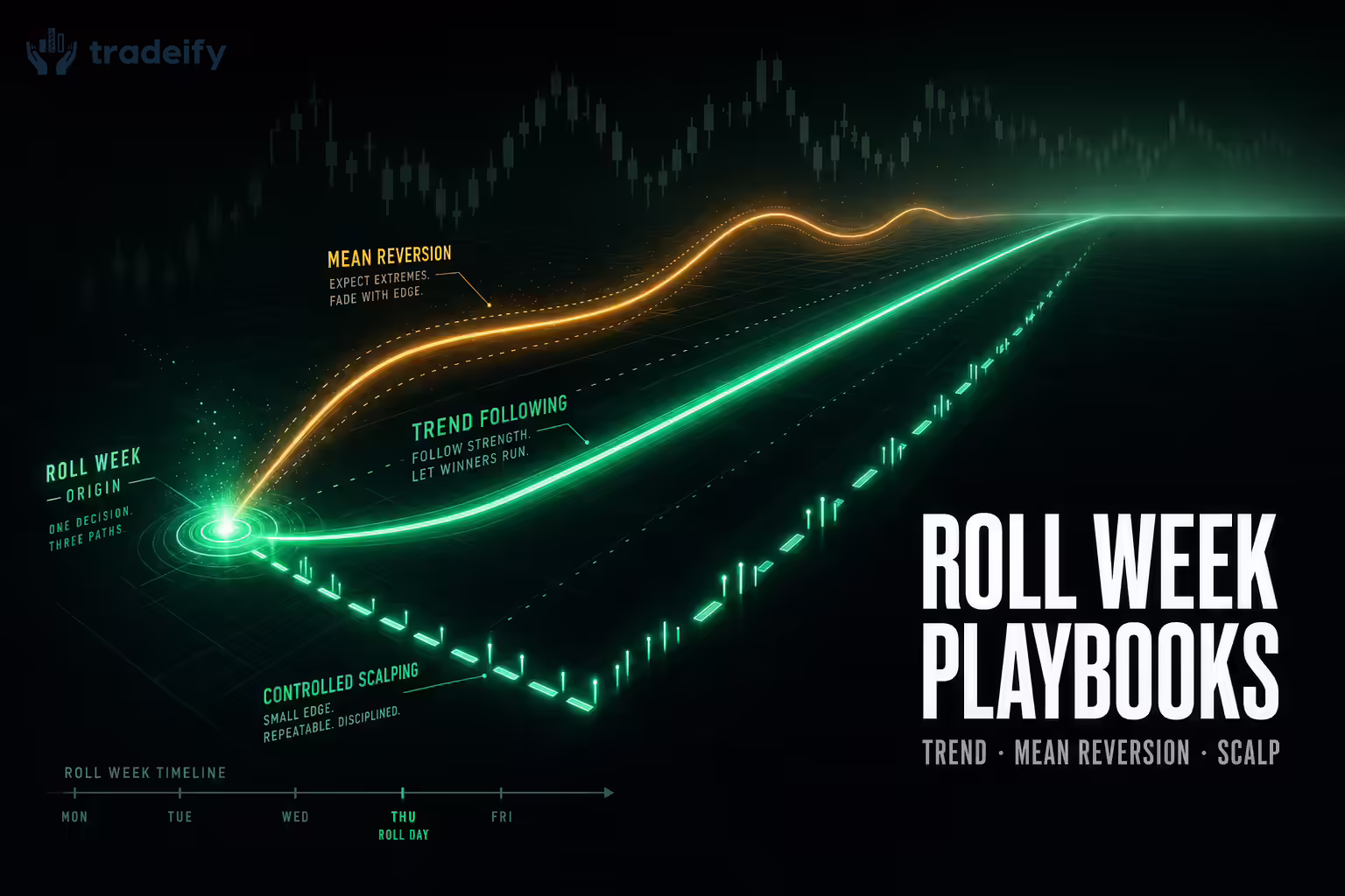 A semi-isometric view of three glowing lanes diverging from a single mint-green origin node, representing trend-following, mean-reversion, and controlled scalping playbooks for trading through a futures rollover week.