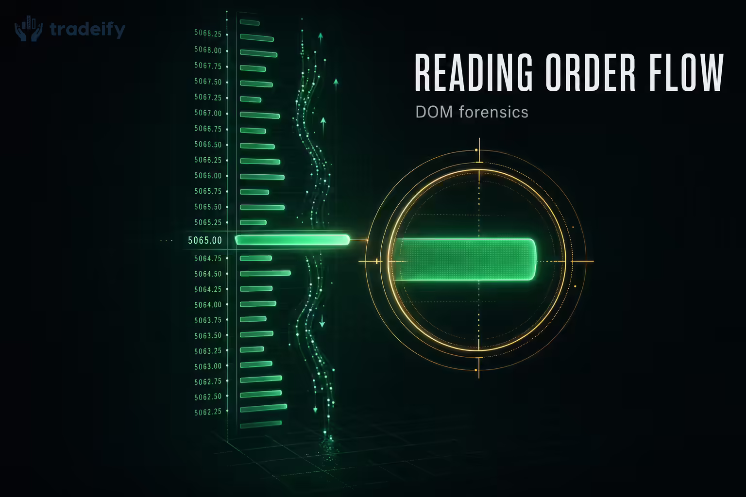 A glowing mint-green vertical price ladder with a brighter pulsing rung and a soft gold reticle hovering nearby, illustrating forensic reading of resting orders on the Depth of Market.