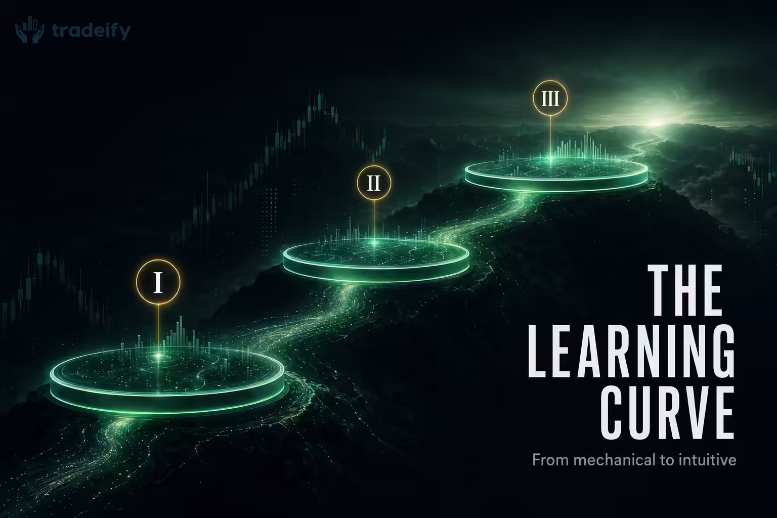 A rising path of three luminous platforms ascending toward a distant green horizon, each marked with a numbered way-marker, representing the three stages of mastering DOM trading and order flow.