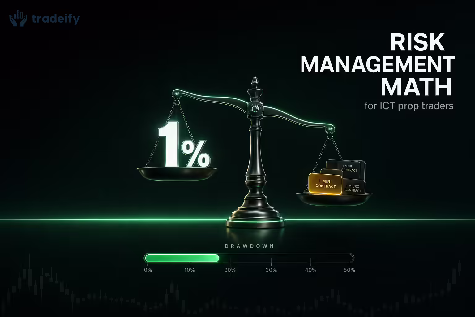 Precision balance scale weighing a glowing 1 percent risk badge against a stack of contract chips with a drawdown meter beneath
