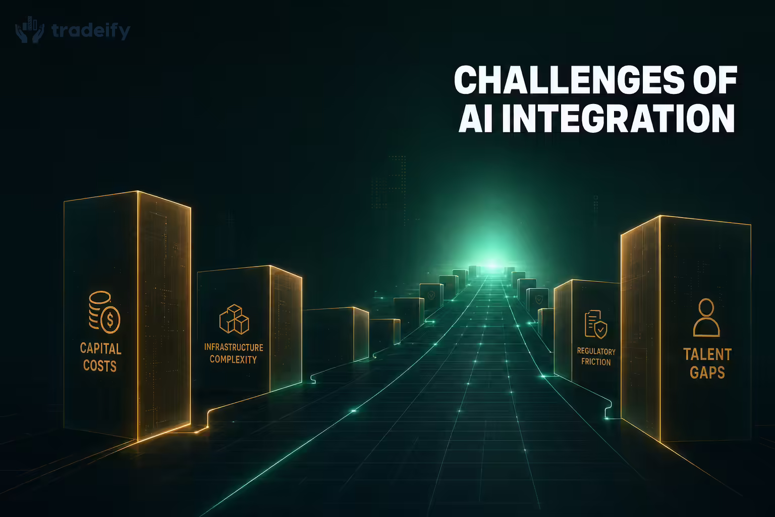 Cinematic dark corridor lined with stepped geometric monoliths leading toward a distant mint-green horizon glow, representing the capital, talent, and infrastructure obstacles a prop firm faces when integrating AI.