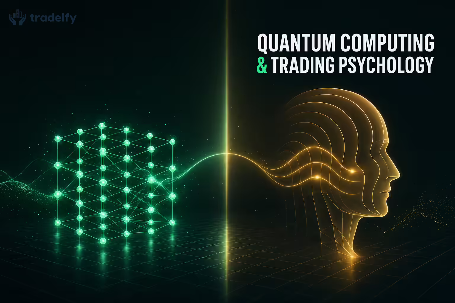 Split composition with a translucent mint-green qubit lattice on the left and a stylized geometric mind silhouette glowing gold on the right, representing the convergence of quantum computing and trader psychology in AI-driven prop trading.