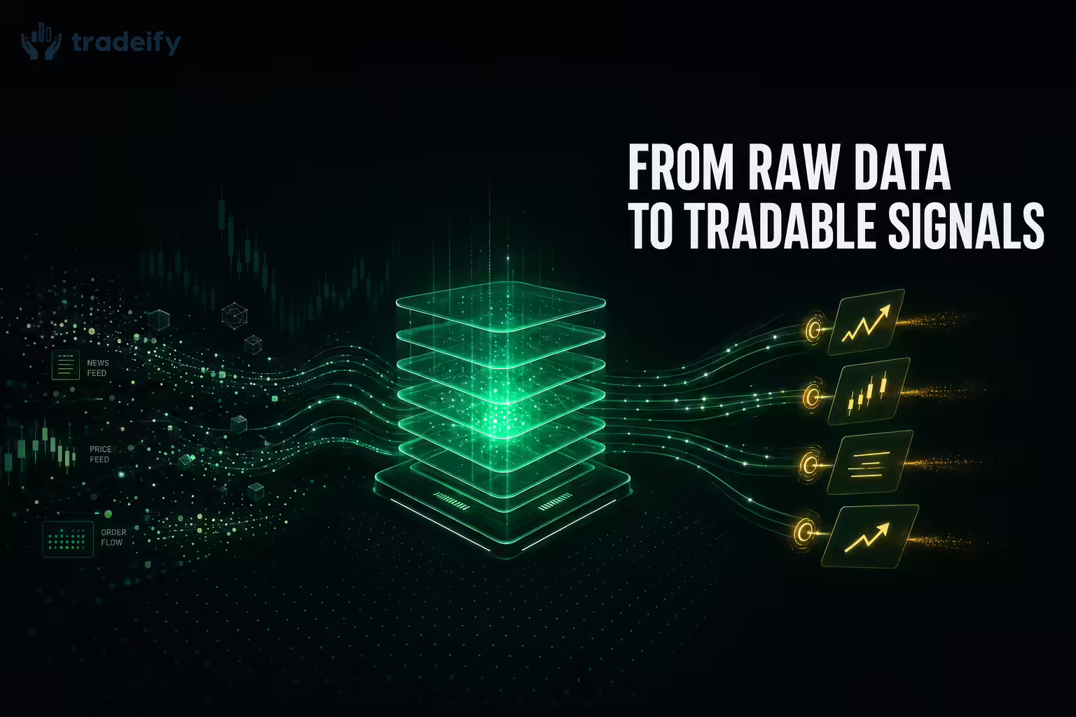 Three-stage data pipeline showing raw market inputs flowing into a glowing mint-green processing core and emerging as clean tradable signals, illustrating how AI converts data into trades for futures prop trading.
