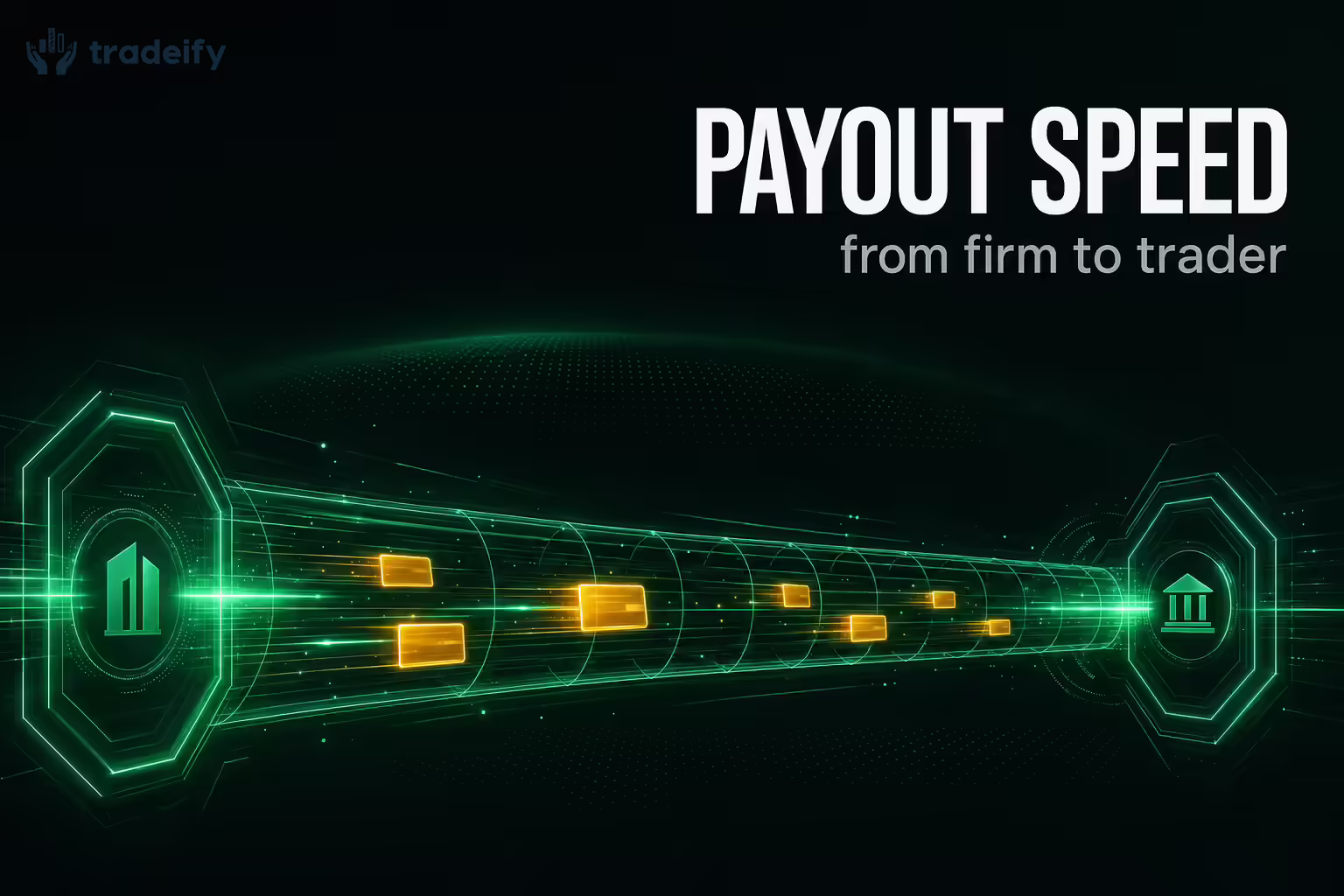 A horizontal mint-green data conduit carrying gold value packets at speed, illustrating fast cross-border prop firm payouts to Indian traders