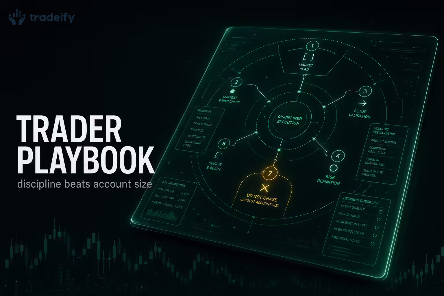 A semi-3D tactical playbook with a glowing mint-green decision diagram and one gold strategic marker, representing disciplined prop firm trading habits