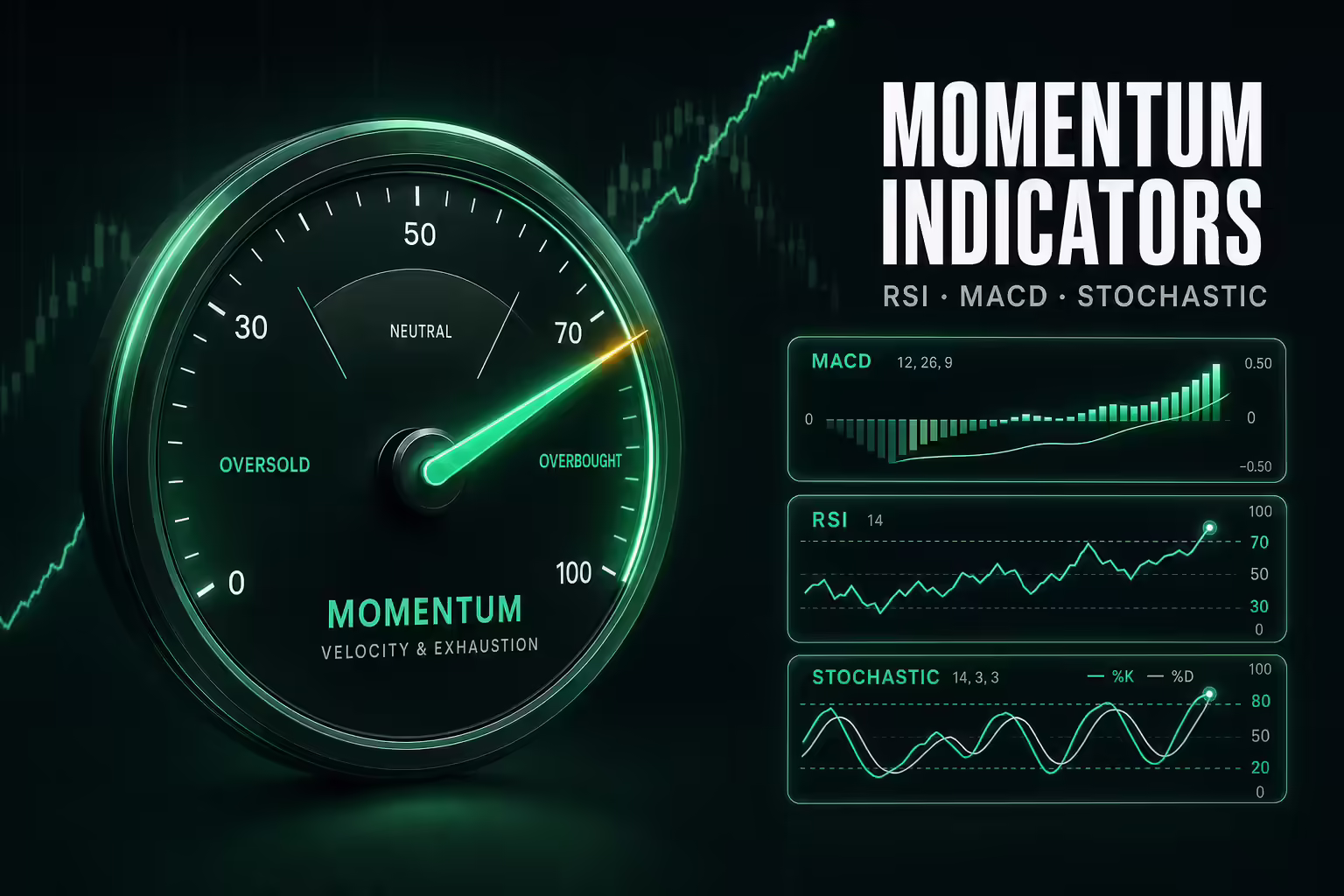 A glowing mint-green tachometer-style momentum gauge with a needle swinging into the overbought zone, beside small RSI, MACD, and Stochastic mini-panels, illustrating momentum indicators for futures day trading.