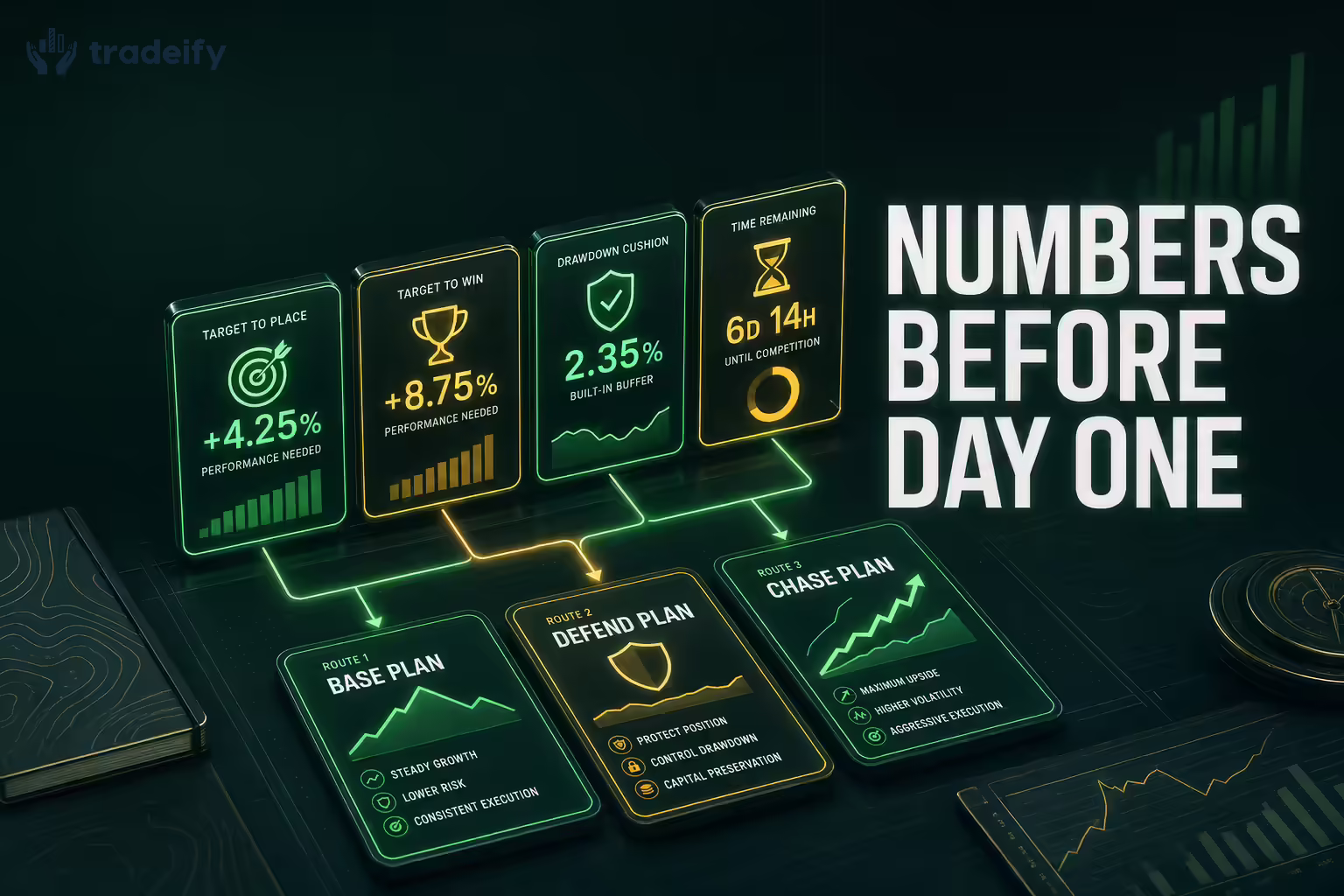 Glowing pre-competition dashboard with target, drawdown cushion, time remaining, and plan modules