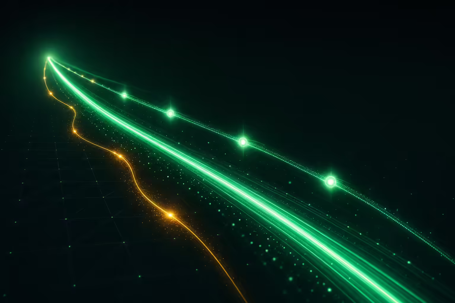 Three glowing diagonal streams of light flowing across a dark scene representing daily, every-five-day, and on-demand prop firm payouts