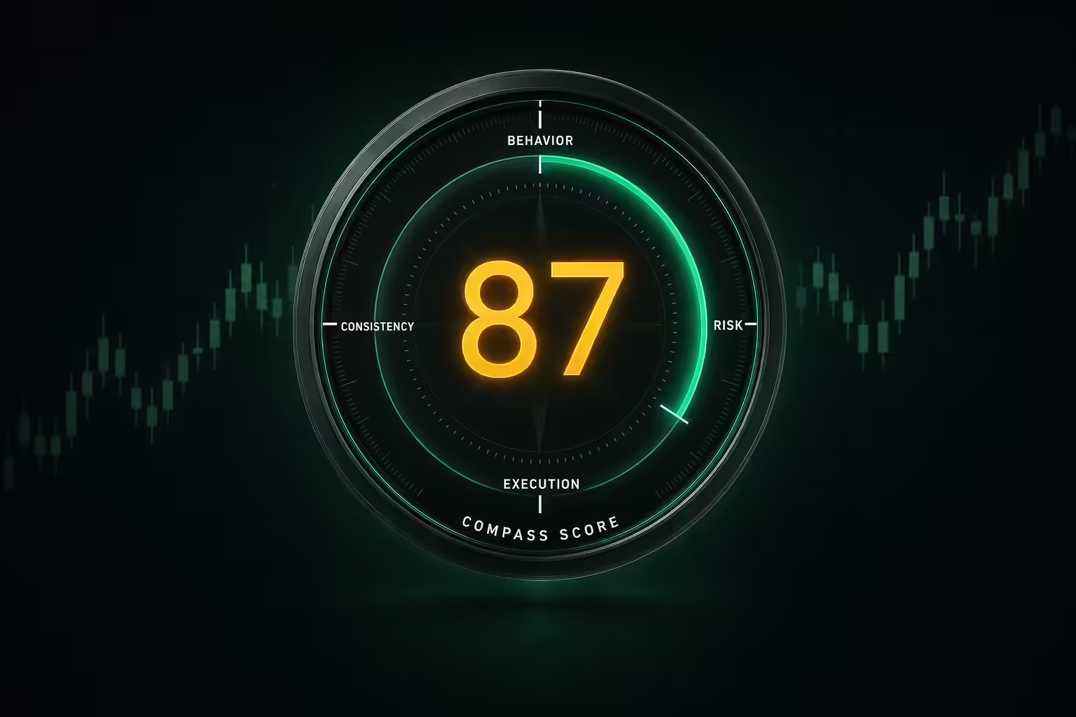 A glowing dark fintech dial labelled Compass Score with an amber 87 readout and a mint-green progress arc