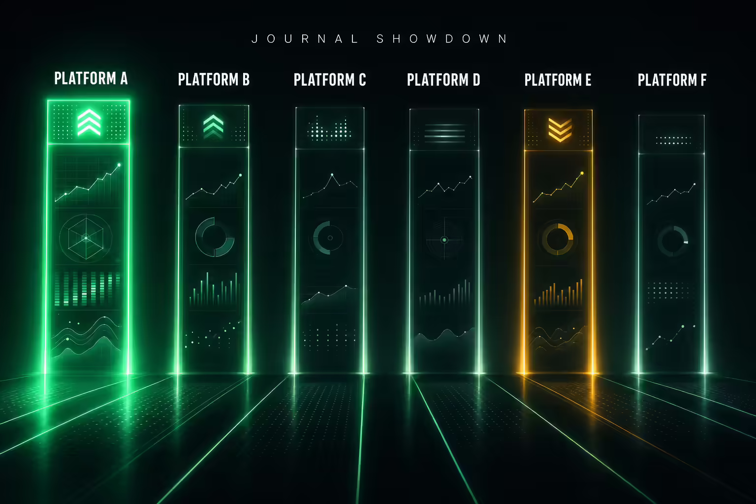 Six tall glowing vertical lanes on a dark green-black background representing AI trading journal platforms compared head-to-head