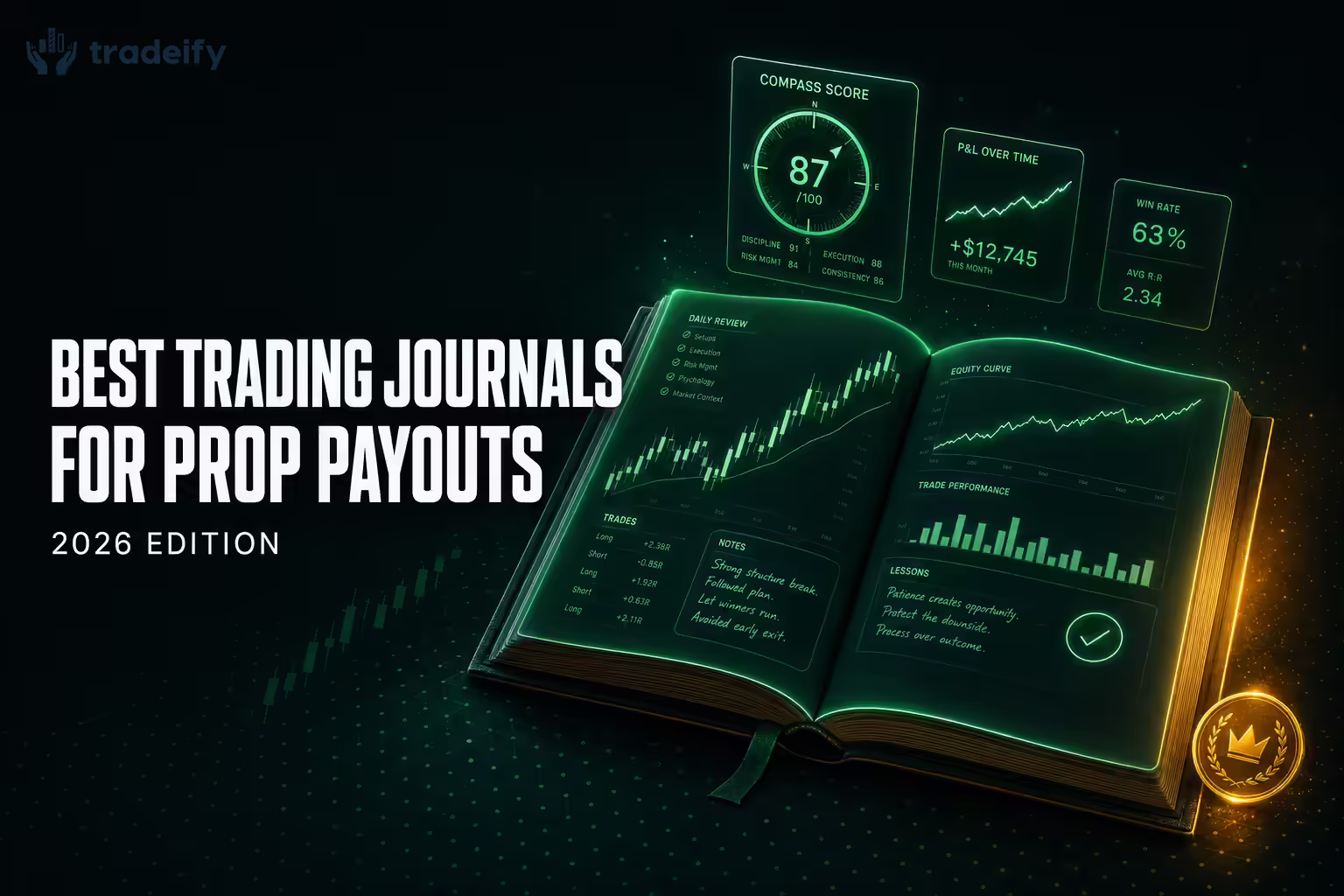 Dark green-black blog header for Best Trading Journals 2026 showing an open journal glowing with mint-green chart data and a small amber payout chip, with the headline text positioned on the left