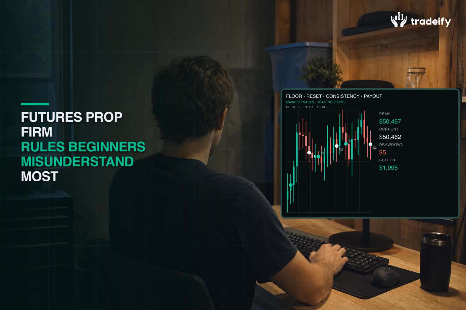 Over-the-shoulder futures trader reviewing rule mechanics at a converted garage workbench with a dark blank monitor