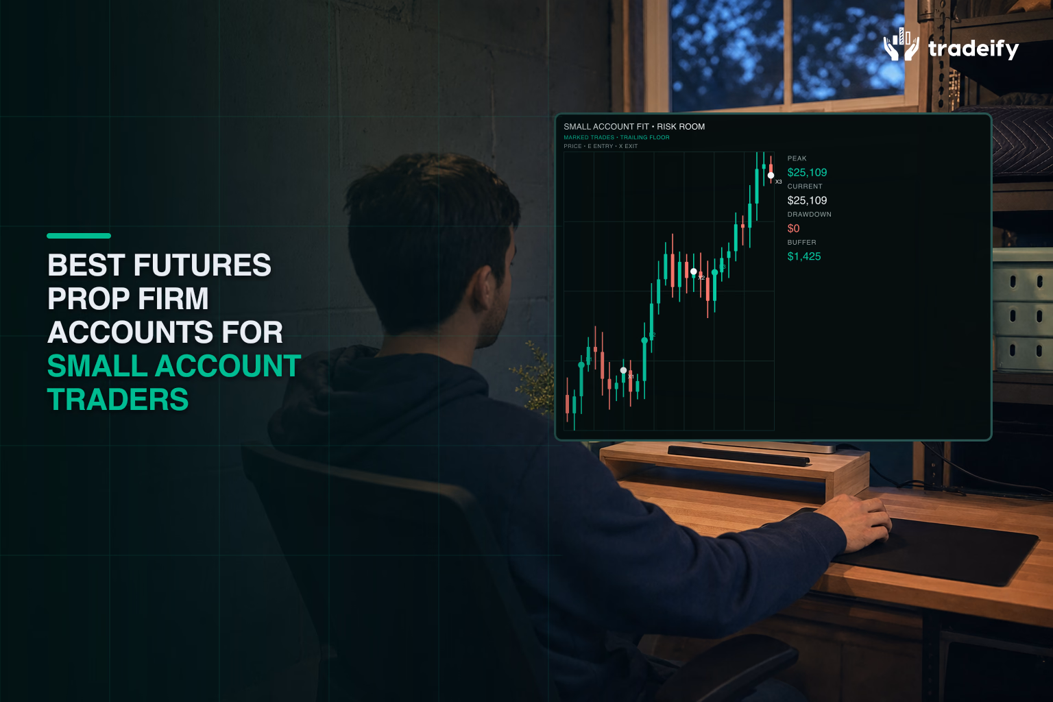 Young small-account trader reviewing usable risk room from a converted garage workstation at dusk