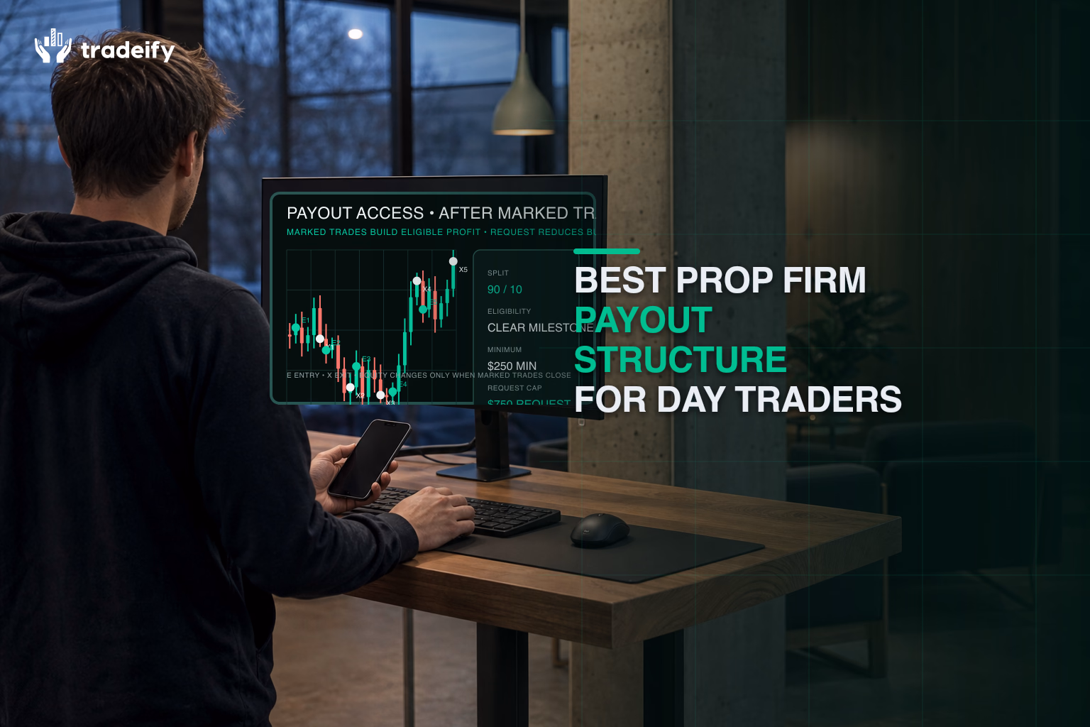 Young day trader reviewing payout access and remaining account buffer from an early-morning coworking lounge