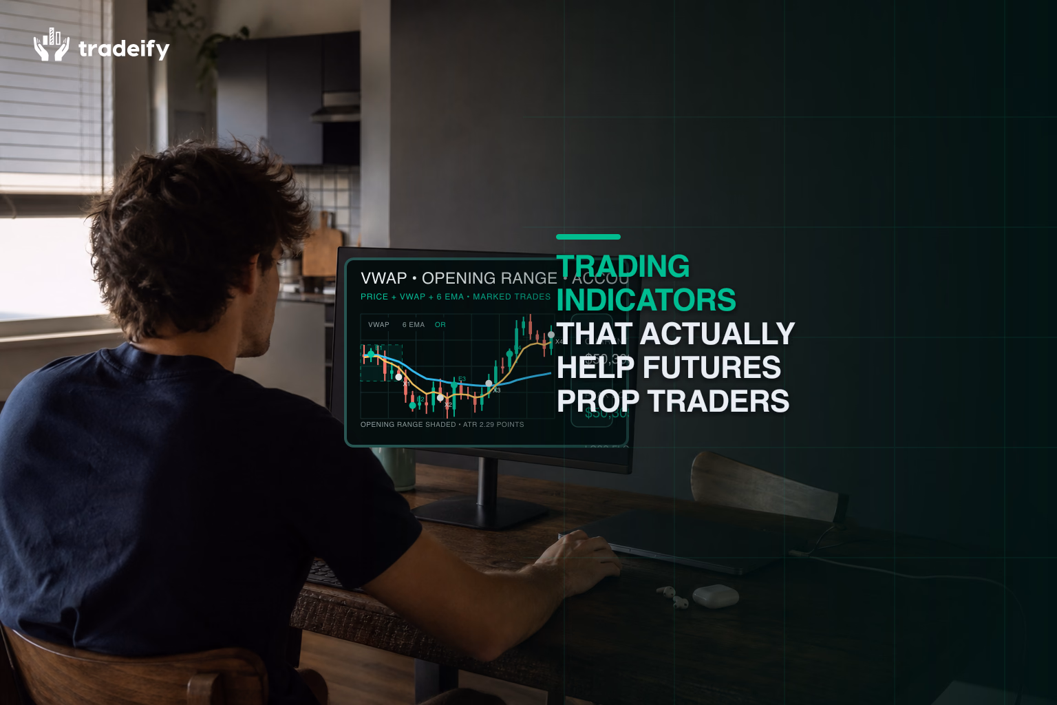 Young futures prop trader reviewing a focused VWAP, opening-range, and account-risk workflow from a shared apartment dining nook