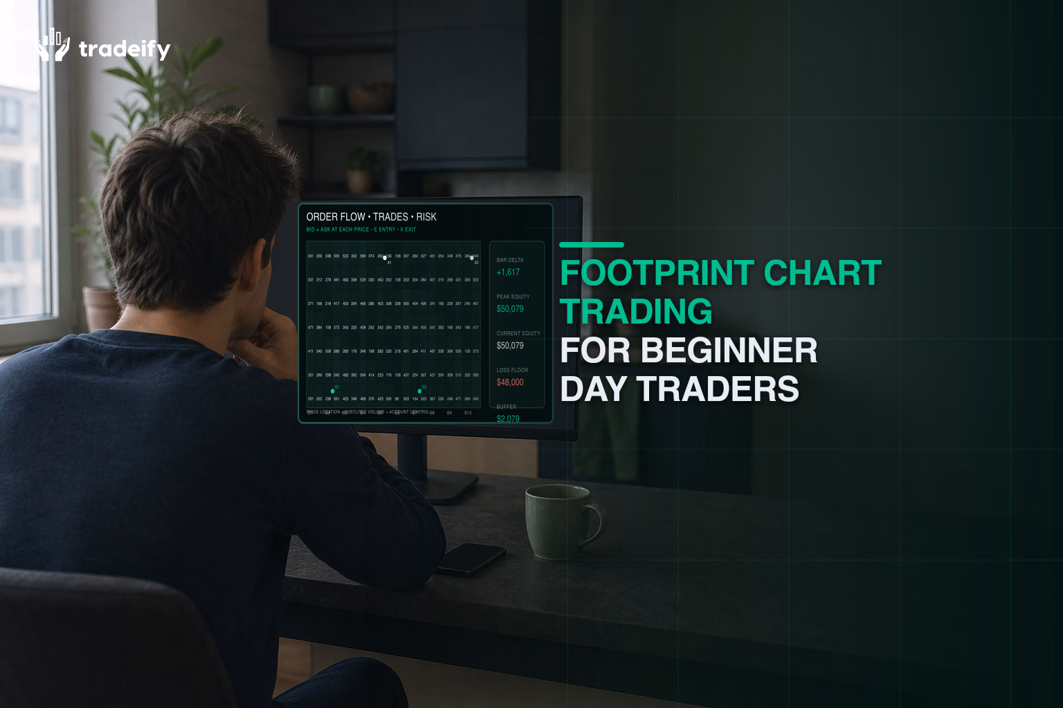 Beginner futures trader studying a deterministic bid-by-ask footprint chart on a blank monitor at a compact apartment breakfast counter