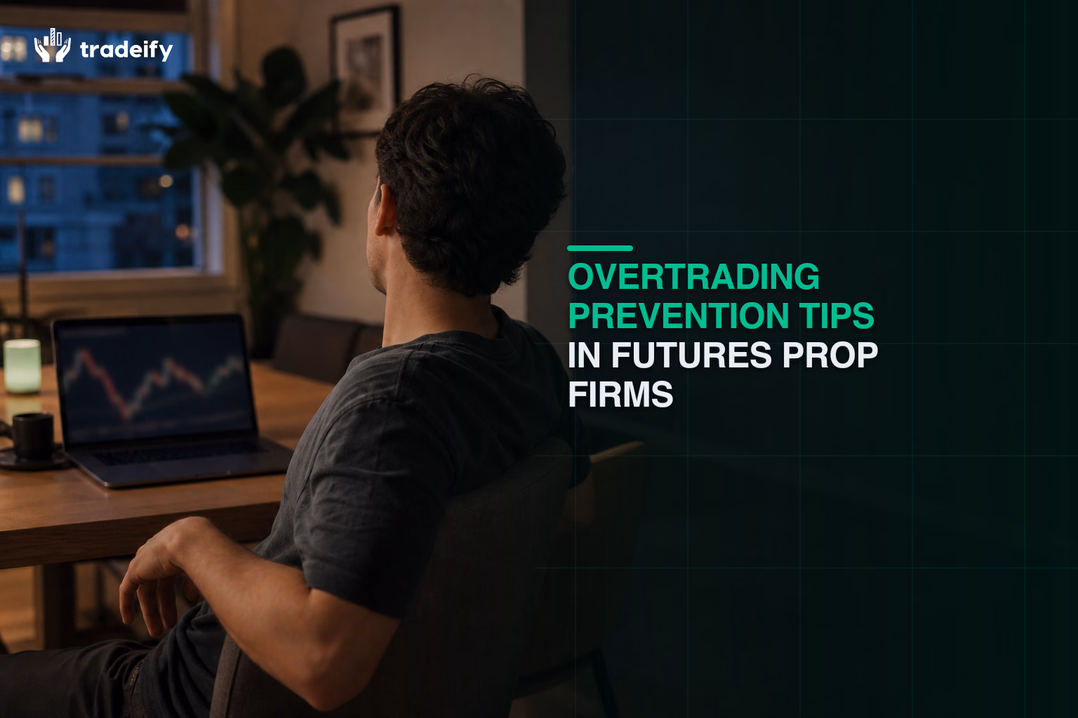 Young futures trader stepping away from a laptop to interrupt an impulsive trading cycle