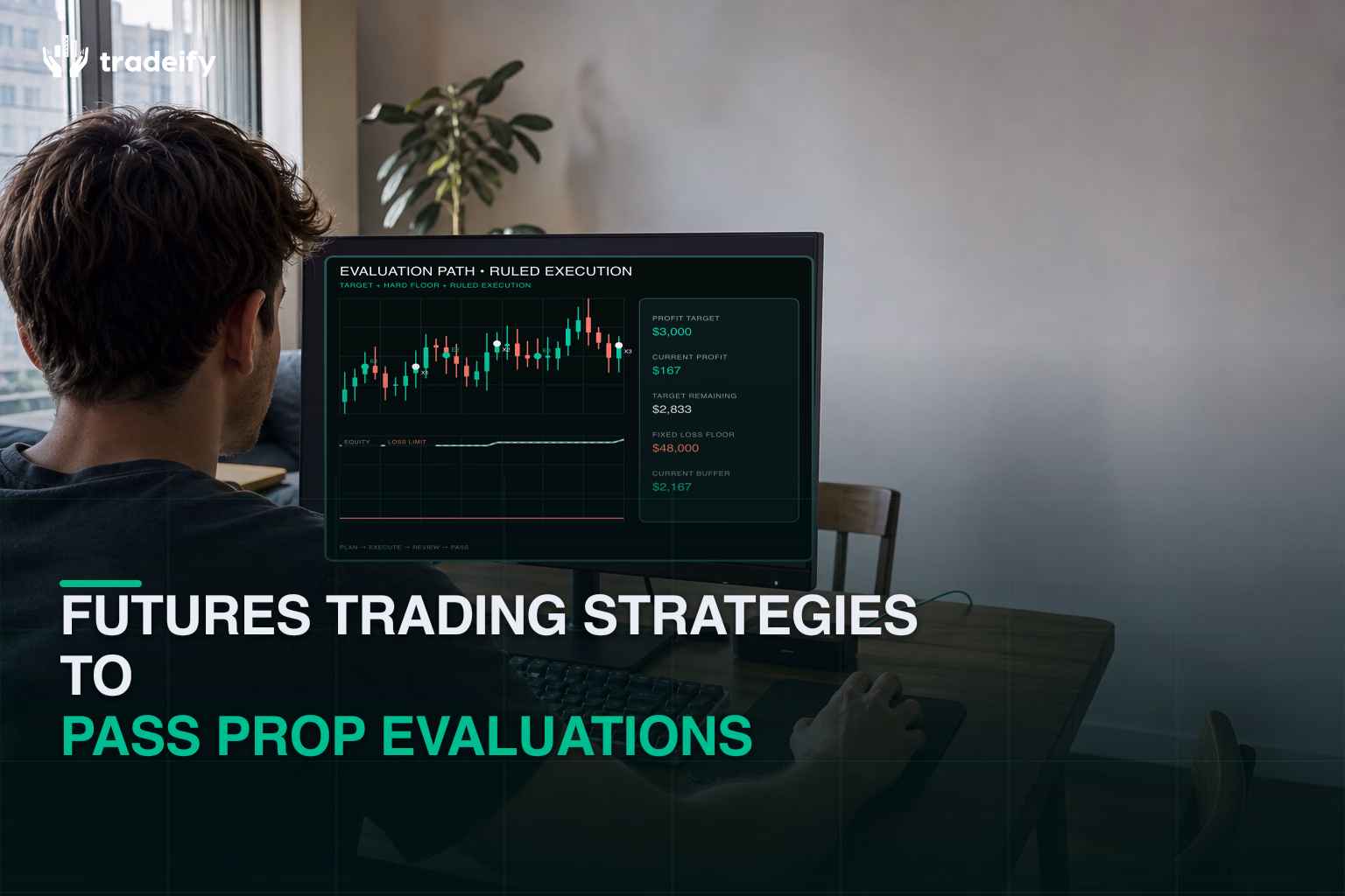 Trader following a validated futures evaluation path with marked entries, exits, profit target, and fixed loss floor