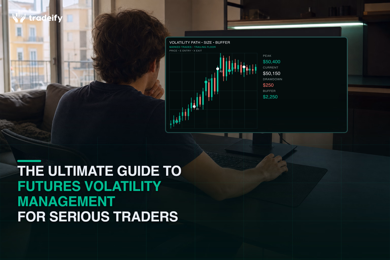 Serious futures trader reviewing a validated volatility path, marked trades, drawdown, and remaining risk buffer