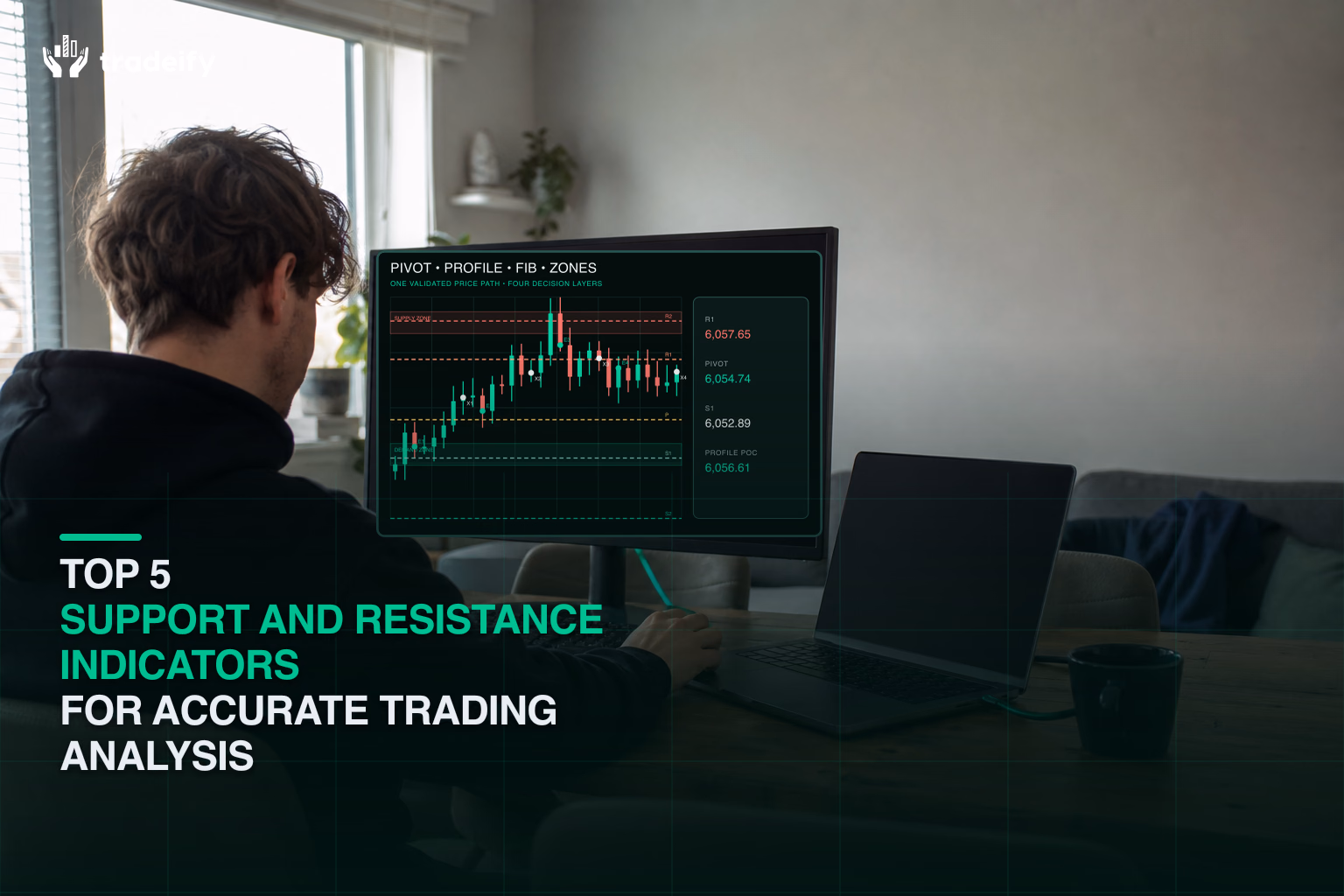 Trader reviewing a validated support and resistance chart with pivot, volume profile, Fibonacci, and supply-demand context