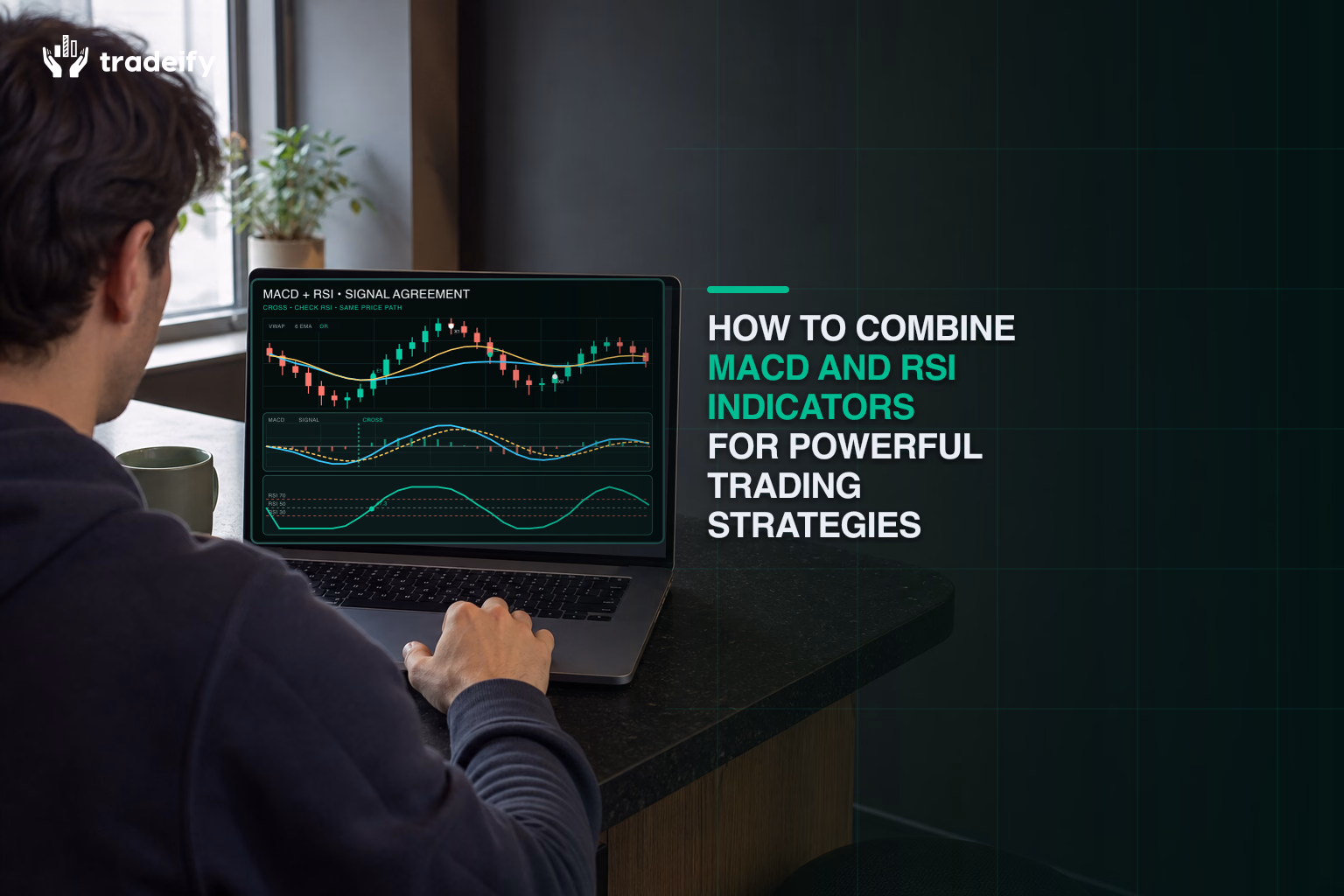 Young trader reviewing a validated MACD and RSI confirmation chart from a lived-in apartment breakfast bar