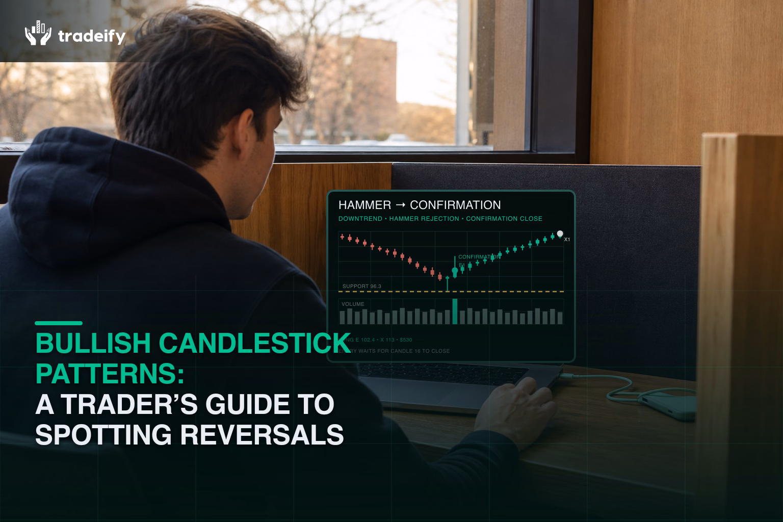 Trader reviewing a hammer reversal, confirmation candle, entry, and bullish follow-through