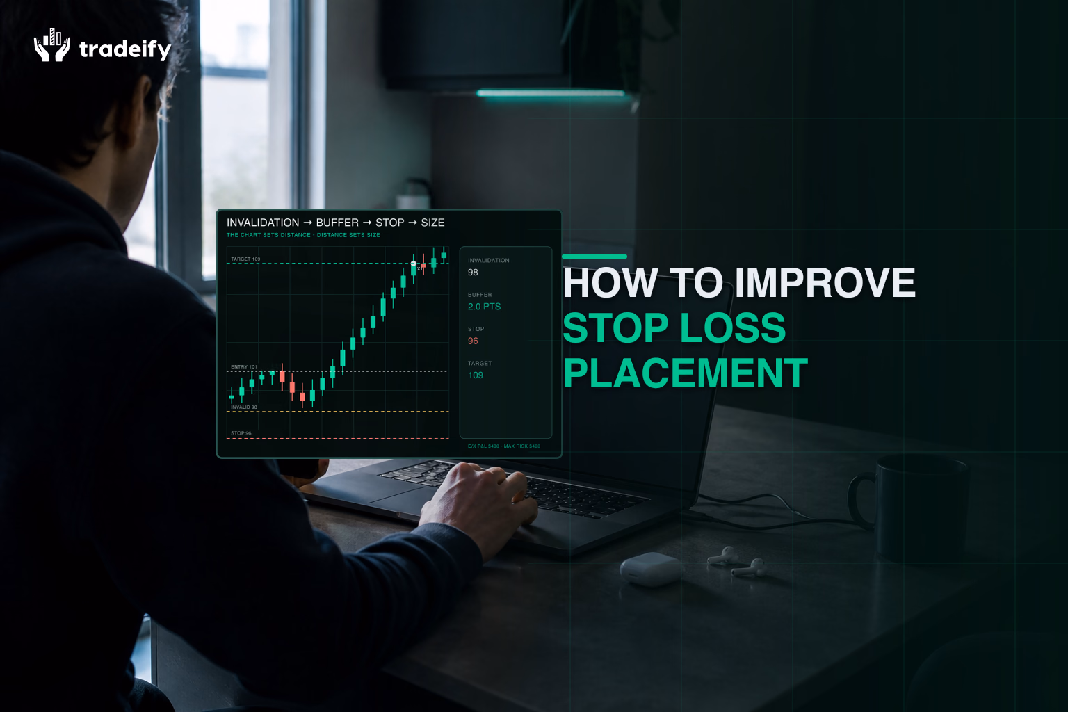 Trader reviewing a validated entry, structural invalidation level, buffered stop, and target