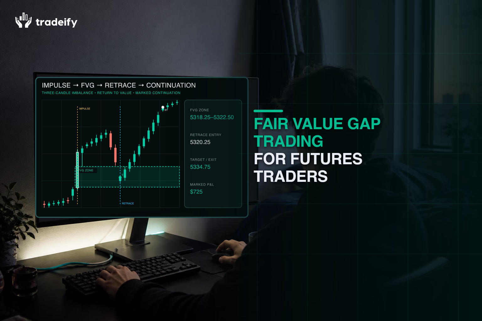 Futures trader reviewing a validated fair value gap retrace and continuation setup